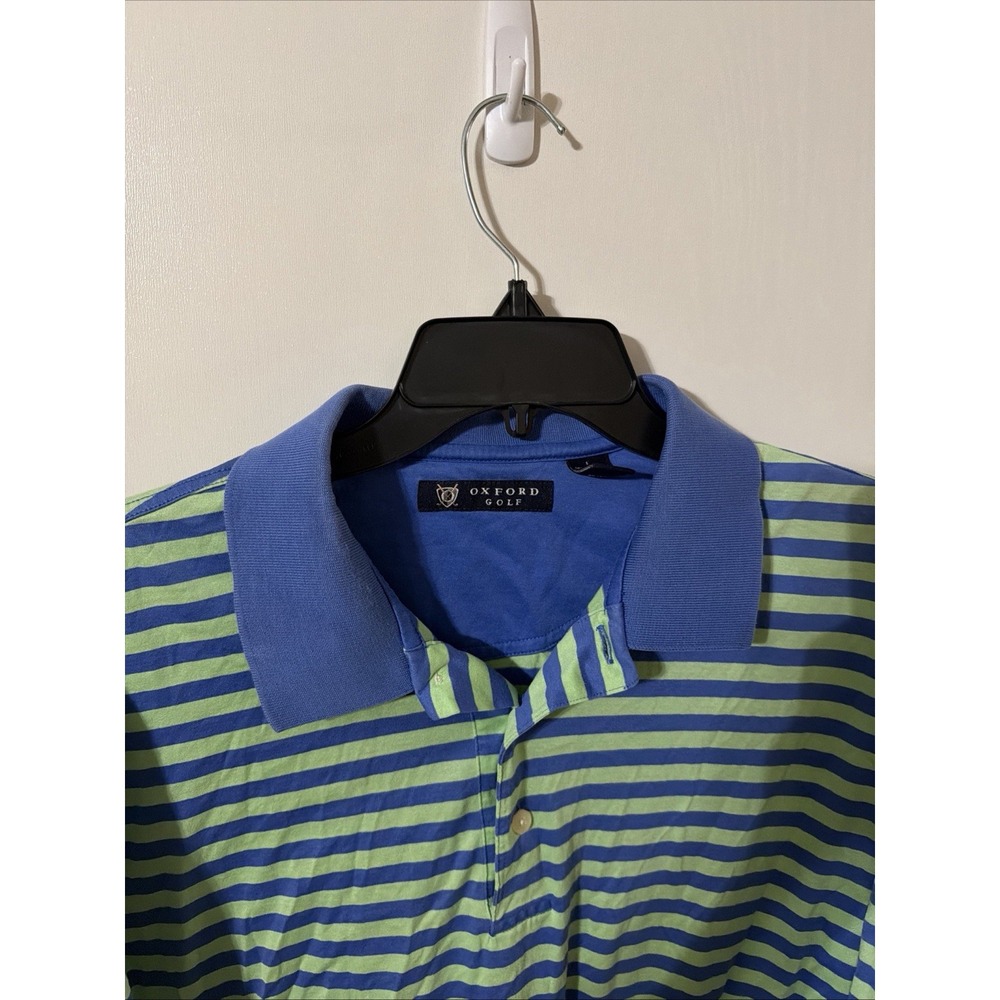 Oxford Golf Polo Shirt Mens L Blue Green Stripe 100% Mercerized Cotton